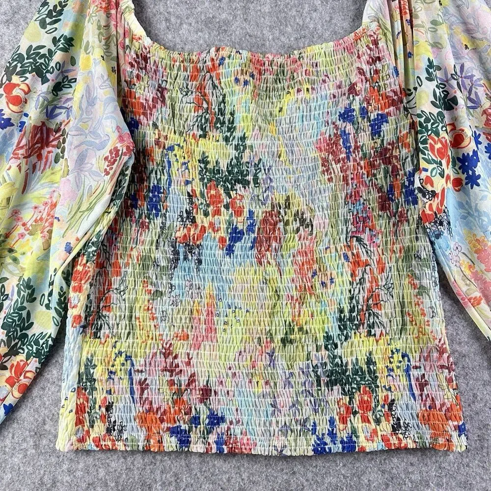 Anthropologie Rouen Smocked Top Womens M Long Sleeve Floral Boho Colorful 2-Way